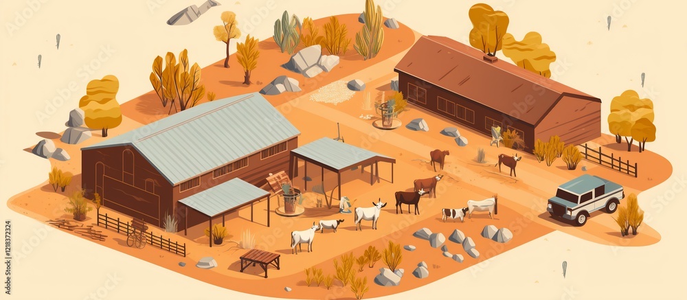 Fototapeta premium Autumn Ranch Isometric Illustration: A picturesque depiction of a rural ranch scene during autumn, showcasing farm buildings, livestock, and a vehicle in a serene desert landscape.