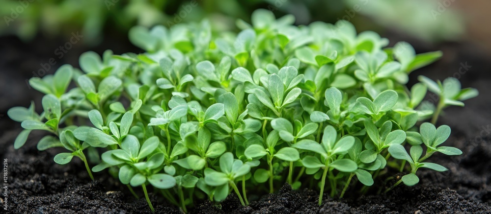 Vibrant green alfalfa sprouts emerging from rich dark soil with lush greenery in the background symbolizing health and vitality in nature. Vibrant green alfalfa sprouts emerging from rich dark soil with lush greenery in the background symbolizing health and vitality in nature.