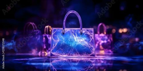 A collection of stylish handbags illuminated with vibrant, electric-like patterns and glowing colors against a dark background. Concept Stylish Handbags, Vibrant Patterns, Electric Colors photo