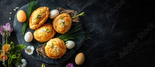 Panel kuchenny z motywem Festive Easter eggs in pastel shades arranged on a slate plate with spring flowers on a dark background, conveying a cheerful holiday theme.
