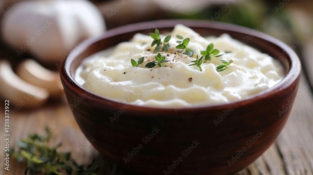 A delectable bowl of Greek yogurt with fresh herbs garnish A delectable bowl of Greek yogurt with fresh herbs garnish