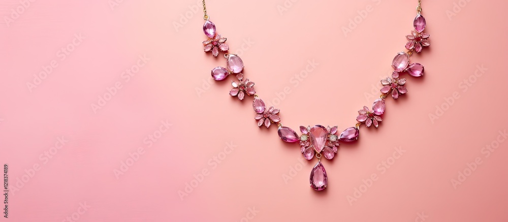 Elegant pink gemstone bead necklace arranged artistically on a soft pink textured background showcasing its unique handmade craftsmanship. Elegant pink gemstone bead necklace arranged artistically on a soft pink textured background showcasing its unique handmade craftsmanship.