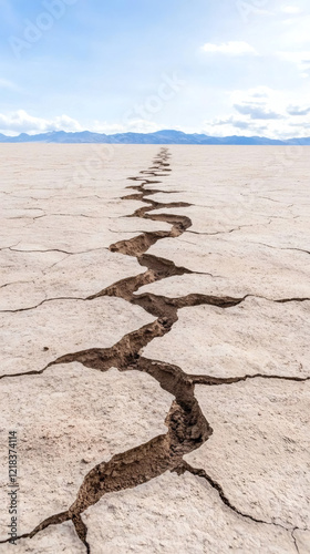 Explore the dramatic effects of climate change on cracked earth in a barren landscape. photo