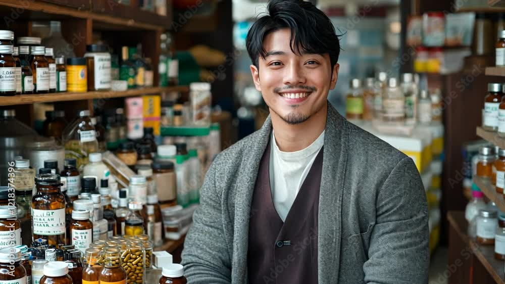handsome young Chinese man, owner of traditional Chinese medicine shop full of herbal and bottle on shelves	
