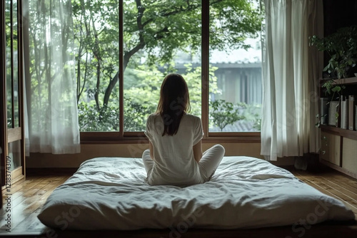 a digital detox space, A woman sits in meditation on a bed, facing a large window with serene garden views. The room is softly lit, accentuating a peaceful and contemplative ambiance. photo