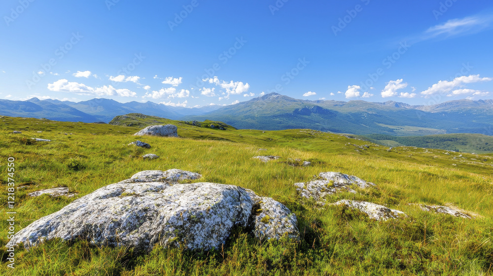 Breathtaking mountain landscape with green grass and rocky terrain under clear blue sky Breathtaking mountain landscape with green grass and rocky terrain under clear blue sky