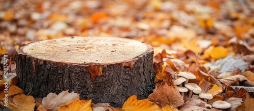 Tree stump on a forest floor surrounded by orange and yellow autumn leaves with a blurred background creating a tranquil natural scene photo