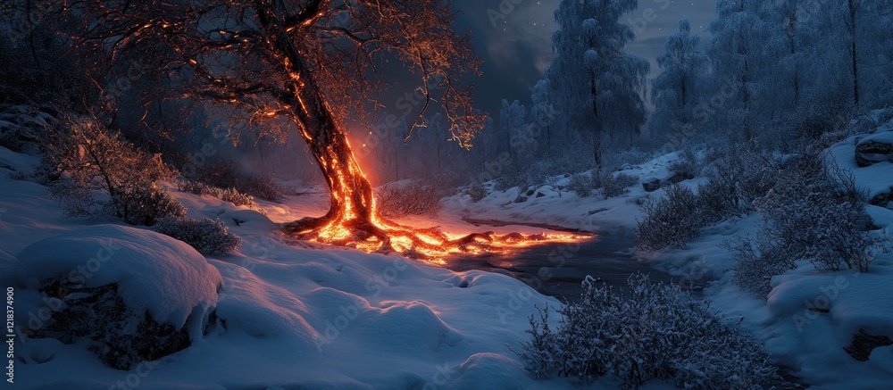 Naklejka premium Snowy forest at night with vibrant orange fire contrasting against blue and white snow, highlighting the scorched tree's texture.