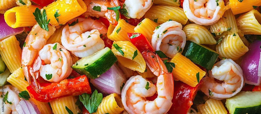 Vibrant pasta salad with shrimp and fresh colorful vegetables showcasing yellow, red, and green ingredients beautifully arranged on a platter Vibrant pasta salad with shrimp and fresh colorful vegetables showcasing yellow, red, and green ingredients beautifully arranged on a platter
