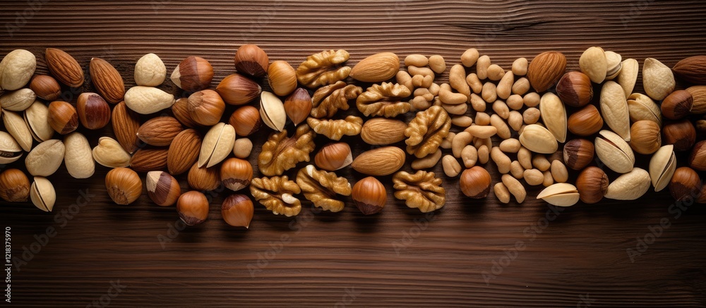 Assorted nuts including almonds, walnuts, hazelnuts, and peanuts arranged in a natural pattern on a dark wooden background. Assorted nuts including almonds, walnuts, hazelnuts, and peanuts arranged in a natural pattern on a dark wooden background.