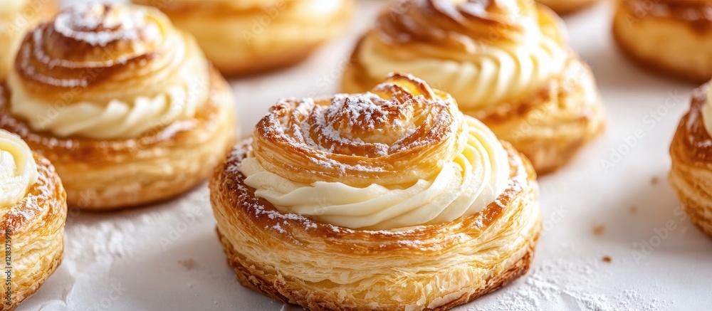 Freshly baked puff pastry buns with swirls of cream filling topped with powdered sugar, arranged on a white surface, showcasing golden brown layers.
