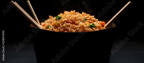 Fried rice in a black box with chopsticks, steam rising, vibrant rice colors enhance the dark background for a delicious and striking food display