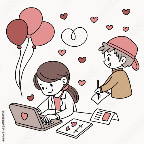 Valentine day girl and boy working