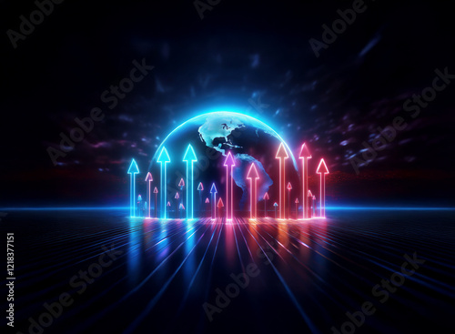 Wallpaper Mural Vibrant neon arrows surge upward around a glowing digital Earth, symbolizing global growth and prosperity for the upcoming Chinese New Year Fairs 2025. Torontodigital.ca