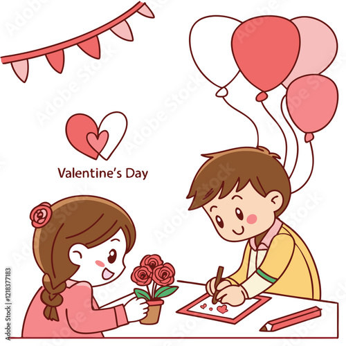 Valentine day girl and boy working