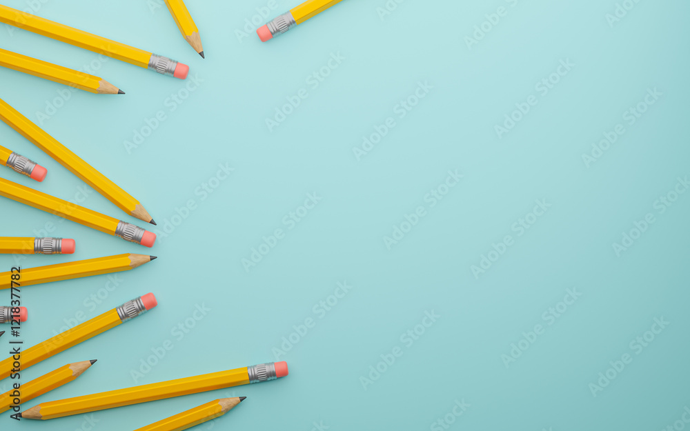 Fototapeta premium Yellow pencils on a green background. Copy space. 3d render