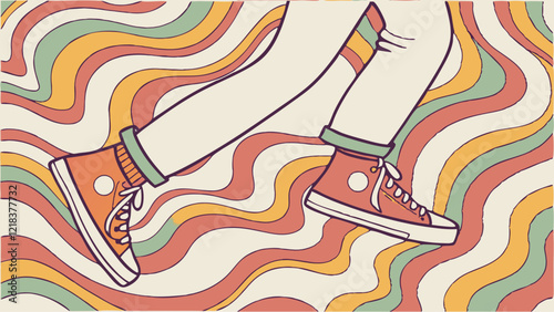 Person walking in stylish sneakers on a colorful wavy background with retro patterns and copy space
