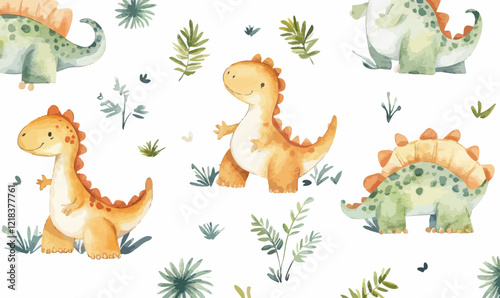 Cute Baby Dinosaur Watercolor Seamless Pattern for Kids Illustration Design