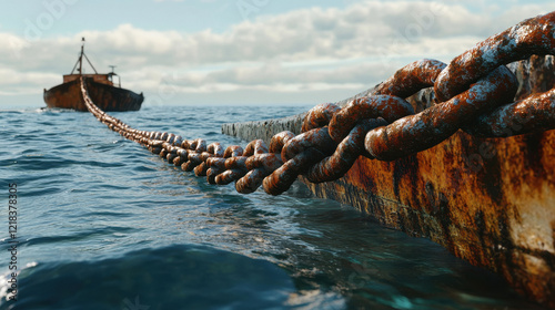 long rusted chain coming out of the sea water photo