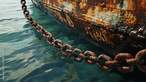 long rusted chain coming out of the sea water photo