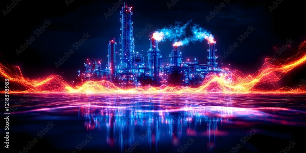 Fototapeta premium A futuristic industrial complex with glowing structures and energy waves reflected in water, set against a dark background. Concept Futuristic Architecture, Glowing Structures, Energy Waves