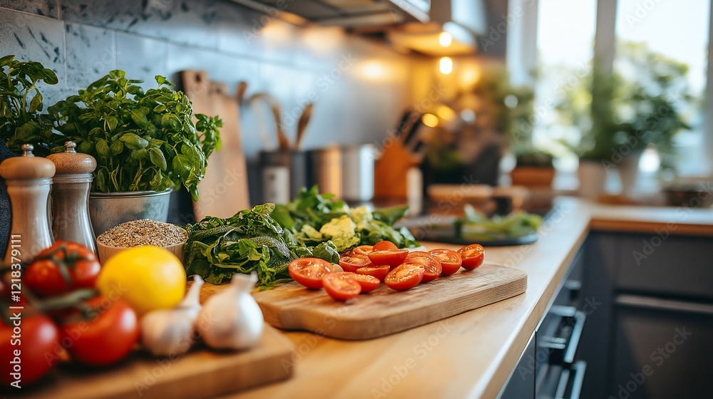 Bright modern kitchen filled with fresh vegetables and herbs as a family prepares a healthy meal together, embodying budget-friendly cooking and joy Bright modern kitchen filled with fresh vegetables and herbs as a family prepares a healthy meal together, embodying budget-friendly cooking and joy