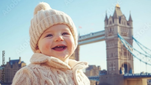 Obraz na płótnie Joyful Baby in London: A Charming Moment by Tower Bridge w salonie