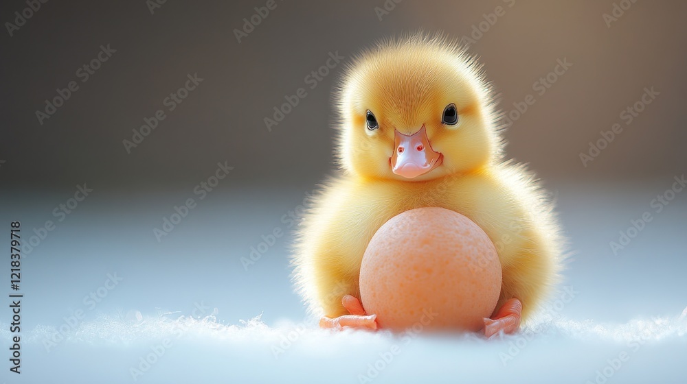 Fluffy yellow duckling sitting on a white surface, holding a large egg. Fluffy yellow duckling sitting on a white surface, holding a large egg.