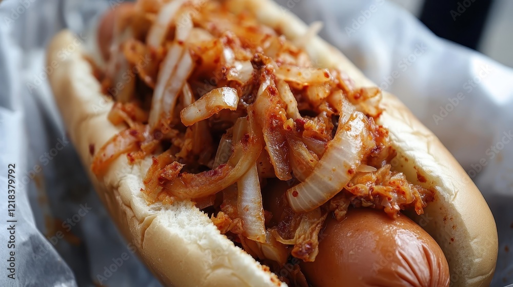 Spicy kimchi and onions top a plump hot dog in a soft bun. Perfect for food blogs, articles about Korean-fusion cuisine, or restaurant menus.