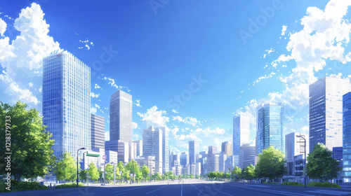 vibrant cityscape featuring modern skyscrapers under bright blue sky with fluffy clouds, showcasing urban life and greenery