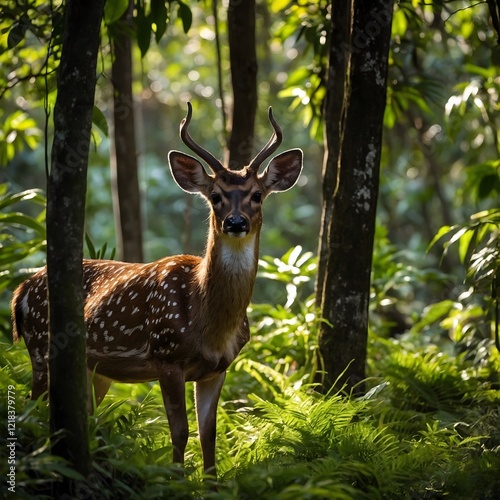 Silent Beauty: Visayans Spotted Deer Standing Amidst the Forest photo