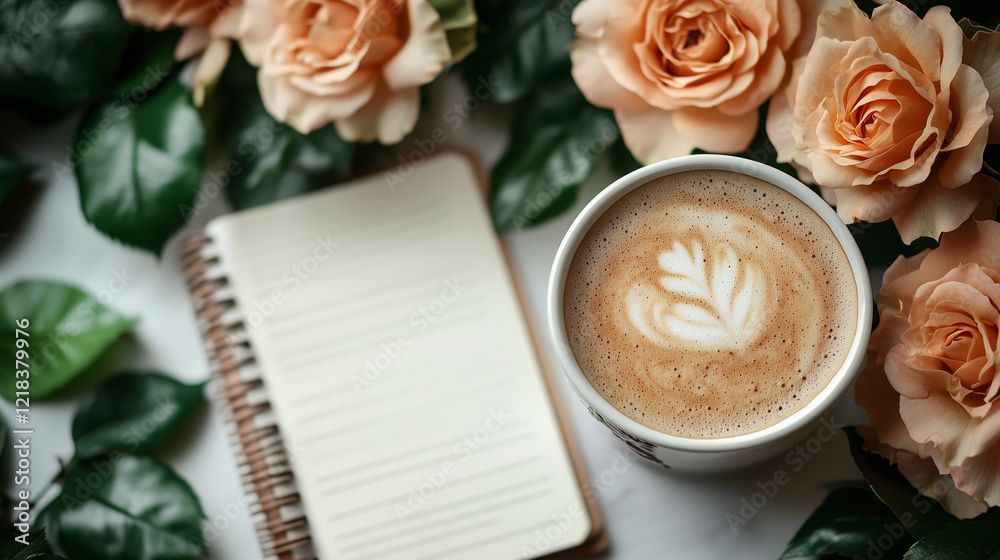 A cozy coffee scene featuring a latte with leaf art, surrounded by soft green leaves and delicate peach roses A cozy coffee scene featuring a latte with leaf art, surrounded by soft green leaves and delicate peach roses
