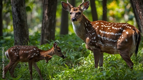 Nature’s Harmony: Visayan Spotted Deer Interacting in the Lush Forest photo