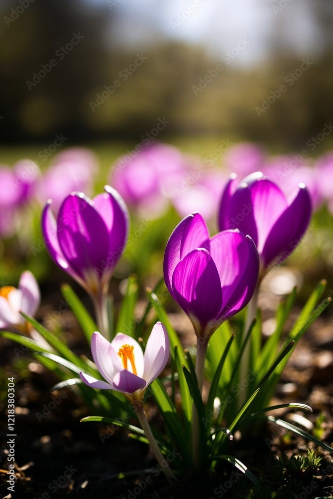 Beautiful crocus flowers blooming vibrantly in bright sunlight Beautiful crocus flowers blooming vibrantly in bright sunlight