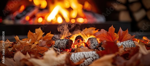 Cozy autumn scene featuring glowing embers surrounded by vibrant orange and brown fallen leaves with a warm fire background. photo