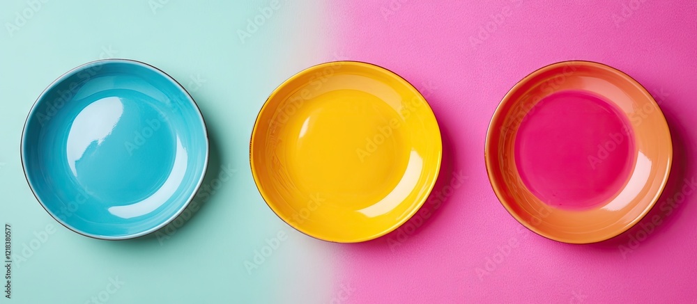 Colorful ceramic plates in vibrant shades of blue, yellow, and pink arranged in a gradient background highlighting clean food concepts and healthy lifestyle choices. Colorful ceramic plates in vibrant shades of blue, yellow, and pink arranged in a gradient background highlighting clean food concepts and healthy lifestyle choices.