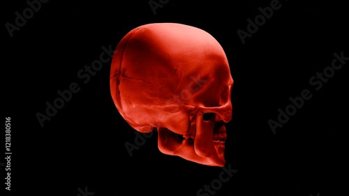 3D Rendered Skull Spinning with Eerie Red Light Effects on Black Background photo