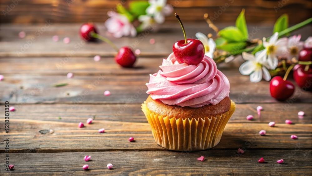 Delicate cupcake with a vibrant cherry on top and a swirl of creamy pink frosting, placed on a rustic wooden table with a few scattered flowers , dessert, cupcake Delicate cupcake with a vibrant cherry on top and a swirl of creamy pink frosting, placed on a rustic wooden table with a few scattered flowers , dessert, cupcake