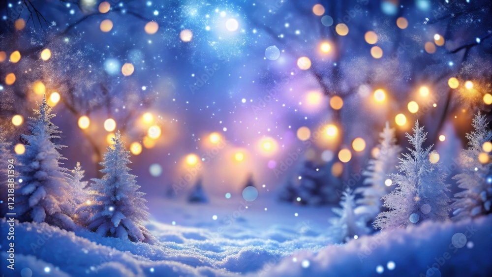 Naklejka premium Enchanted Winter Wonderland Snow-Covered Trees Glimmering with Festive Lights in a Dreamlike Snowy Landscape