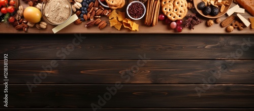 Colorful assortment of healthy snacks including nuts fruits and cookies arranged on a dark wooden table with ample copy space in the center photo