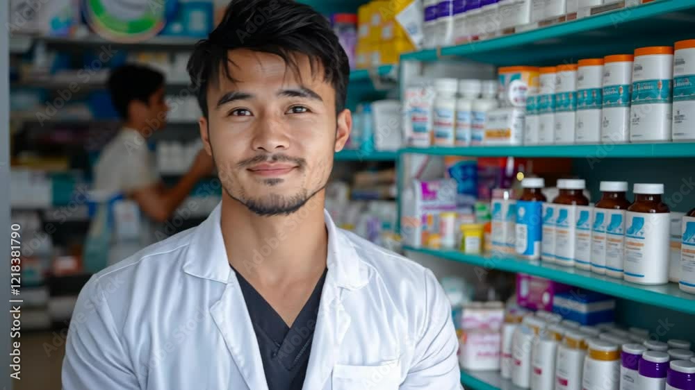 handsome young Chinese man, owner of traditional Chinese medicine shop full of herbal and bottle on shelves	
