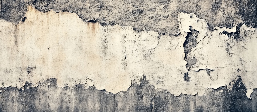 Obraz premium Vintage weathered wall texture with peeling paint in neutral tones of gray and beige, perfect for adding character to design projects.