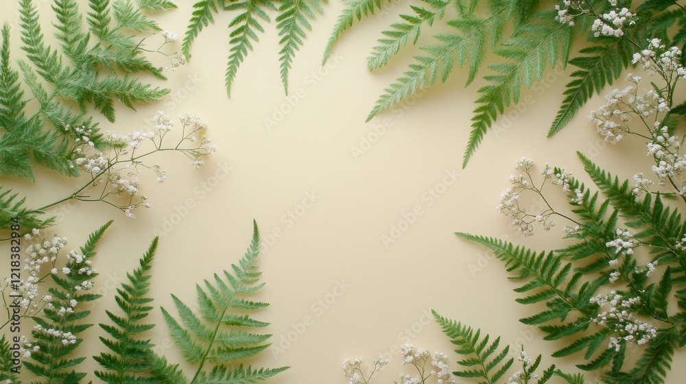 Delicate ferns and babys breath frame a pale yellow background Delicate ferns and babys breath frame a pale yellow background