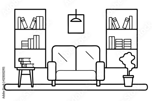 Vector Illustration of a Spacious Reading Room Interior in Line Art