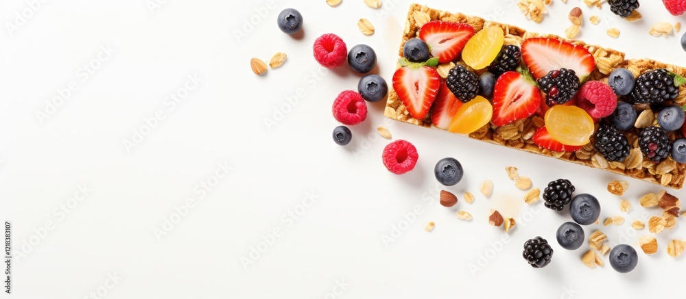 Granola bar topped with colorful fruits and berries on a light stone table with scattered nuts and seeds in a bright and airy composition Granola bar topped with colorful fruits and berries on a light stone table with scattered nuts and seeds in a bright and airy composition