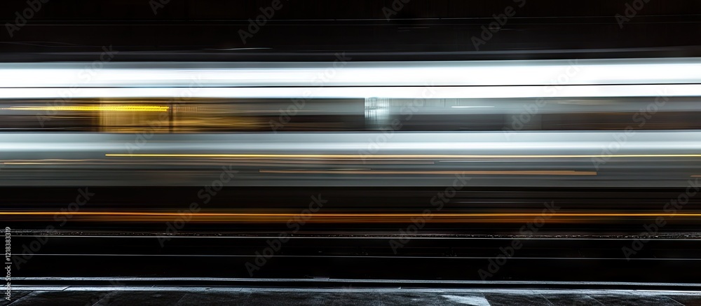 Sleek high-speed train in motion blur with pearly white streaks against a dark background, conveying dynamic energy amidst rainy night ambiance Sleek high-speed train in motion blur with pearly white streaks against a dark background, conveying dynamic energy amidst rainy night ambiance