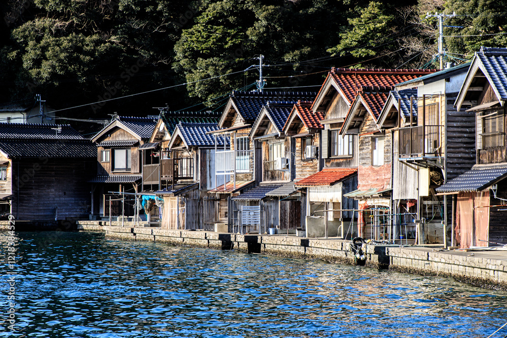 Row of Traditional Japanese Boat Houses Along Waterfront, Ine, Kyoto, Japan
