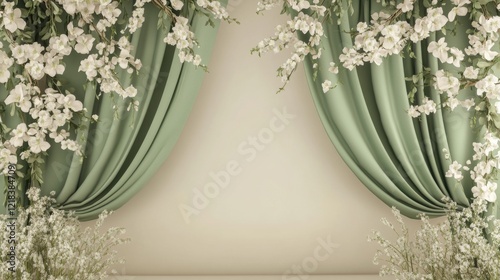 Elegant Green Curtains and White Floral Arrangements Create a Serene Wedding Backdrop