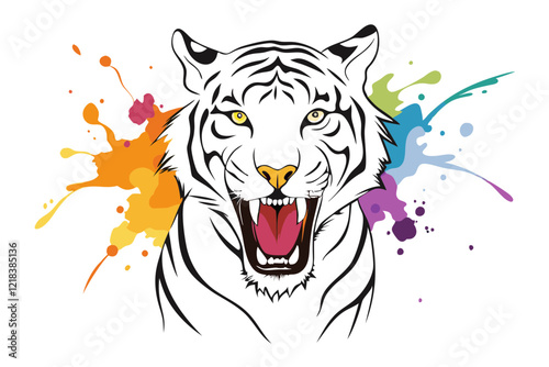 Furious Tiger Ink Art. Line Drawing with Alcohol Ink Splash and Colorful Eyes Vector