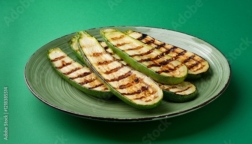 Fresh healthy grilled zucchini slices on green background